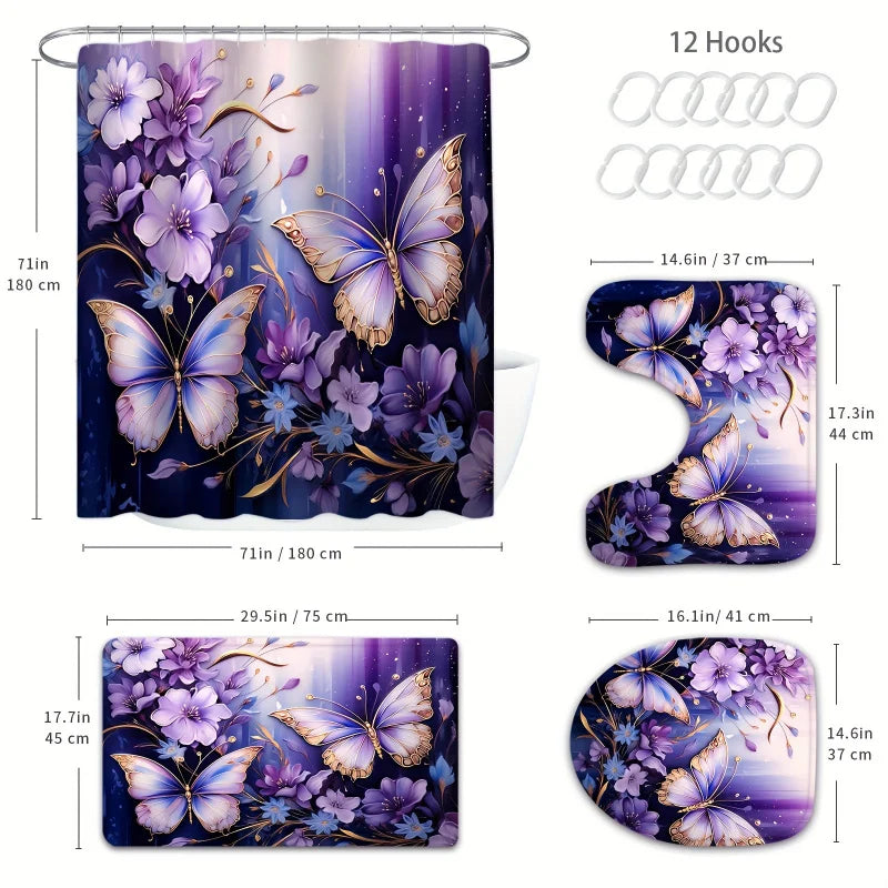 1/4pcs Purple Butterfly Floral Shower Curtain Set