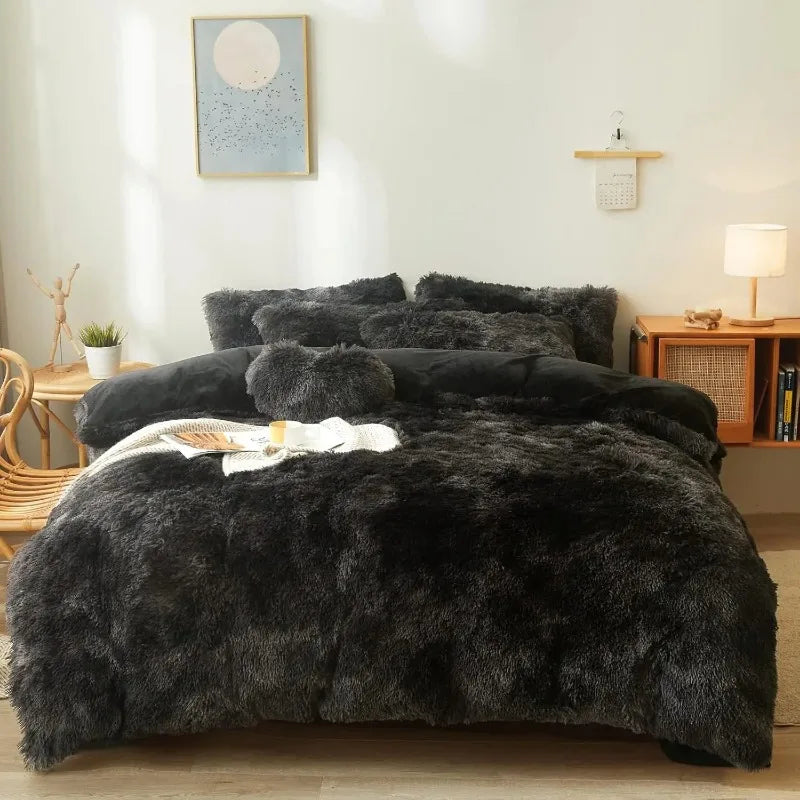Ultra Soft Black Faux Fur 3 Piece Queen Comforter Set - Plush Fluffy Bedding With Duvet Cover and 2 Pillowcases