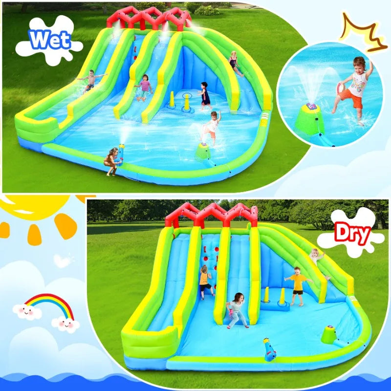 7 in1 Inflatable Water Park Three Slide with Blower Water Gun Sprinkler Fountain Climbing Wall for Children