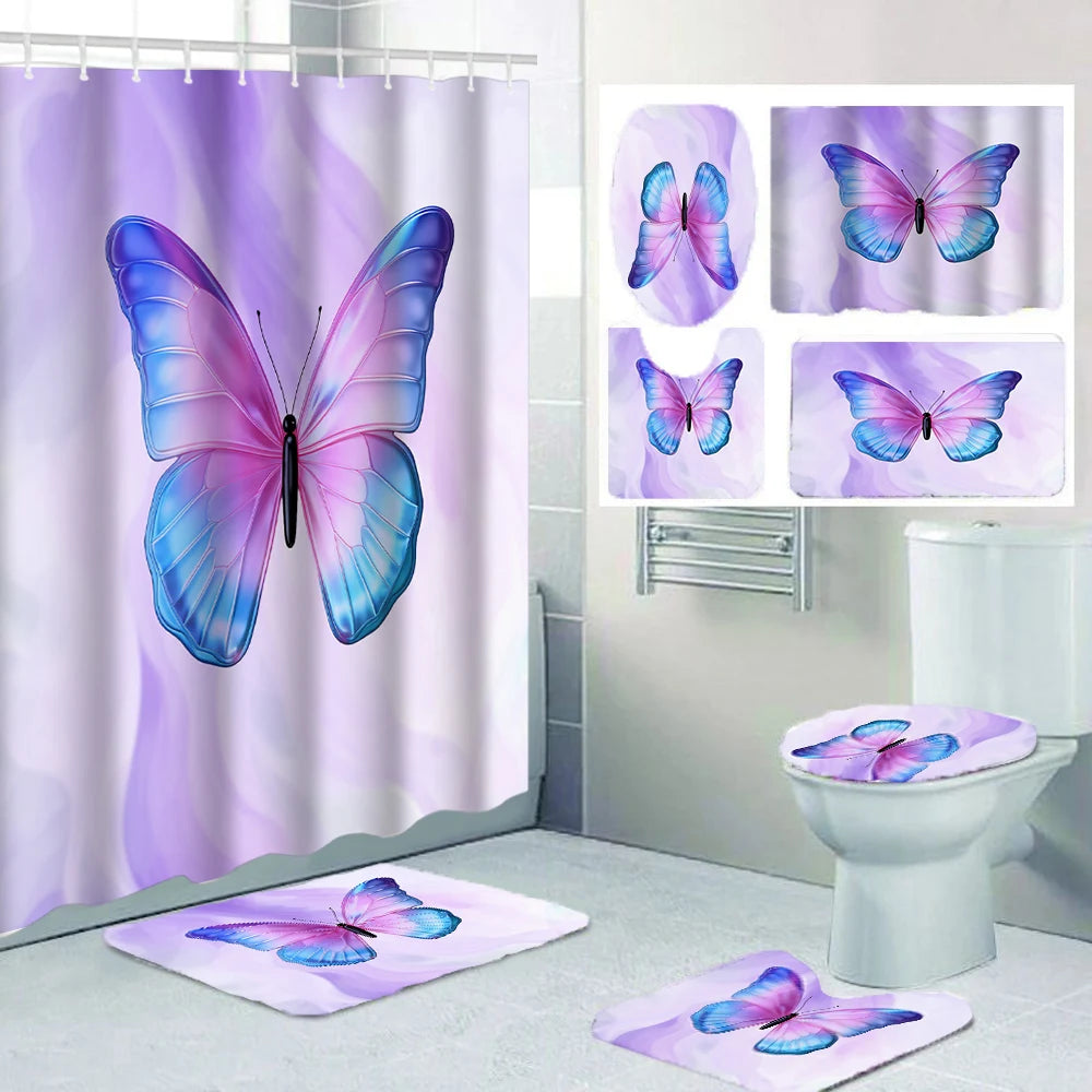 1/4 Pink Butterfly Circle shower Curtains, Toilet Seat Decoration, Shower Curtain with Carpet and Toilet Lid