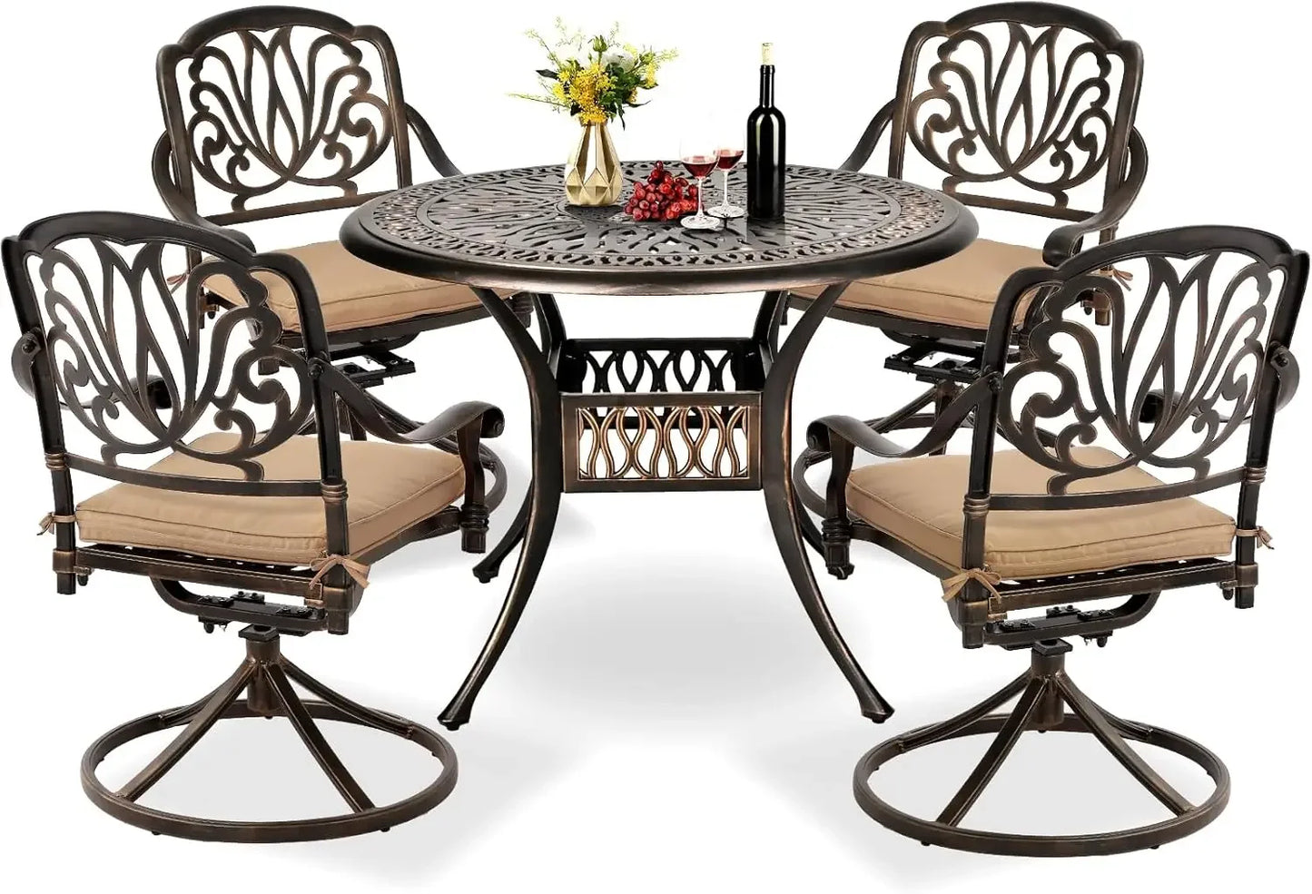 All-Weather Cast Aluminum Furniture Patio Conversation Set 4 Swivel Chairs and 35.4" Table w/Cushions