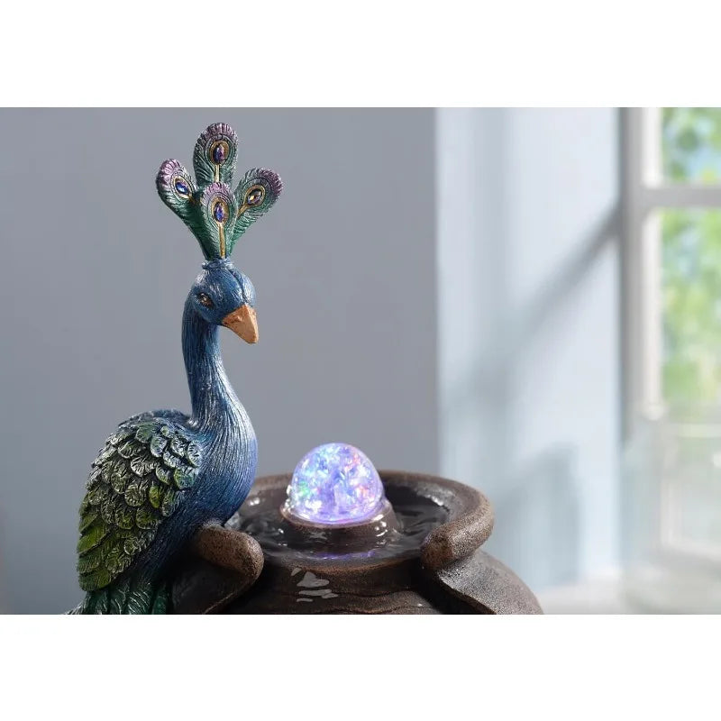 Tabletop Fountain Retro Jar Peacock with Glass Rotating Ball Desk Fountain