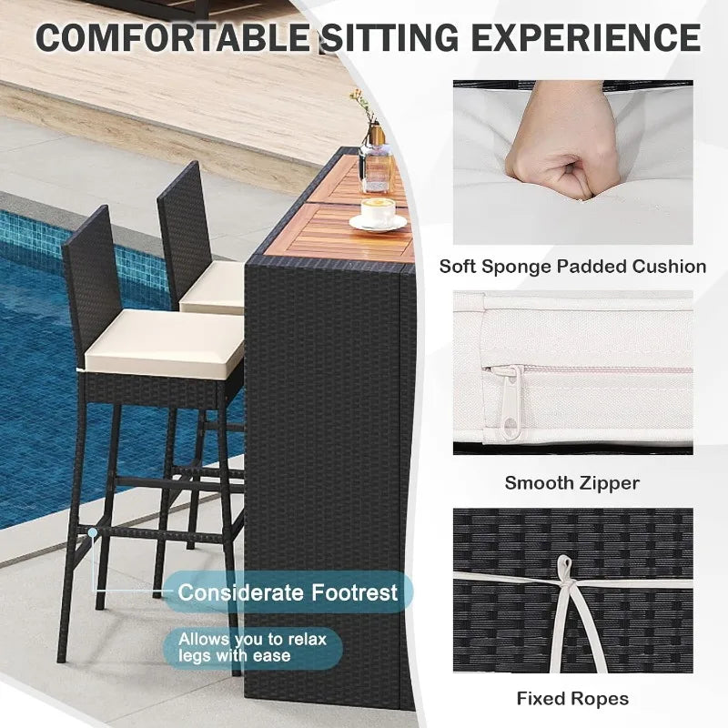5-Piece Outdoor Bar Set - Wicker Rattan Bar Height Dining Table w/Acacia Wood Top & 4 Bar Stools Chairs w/Seat Cushions,