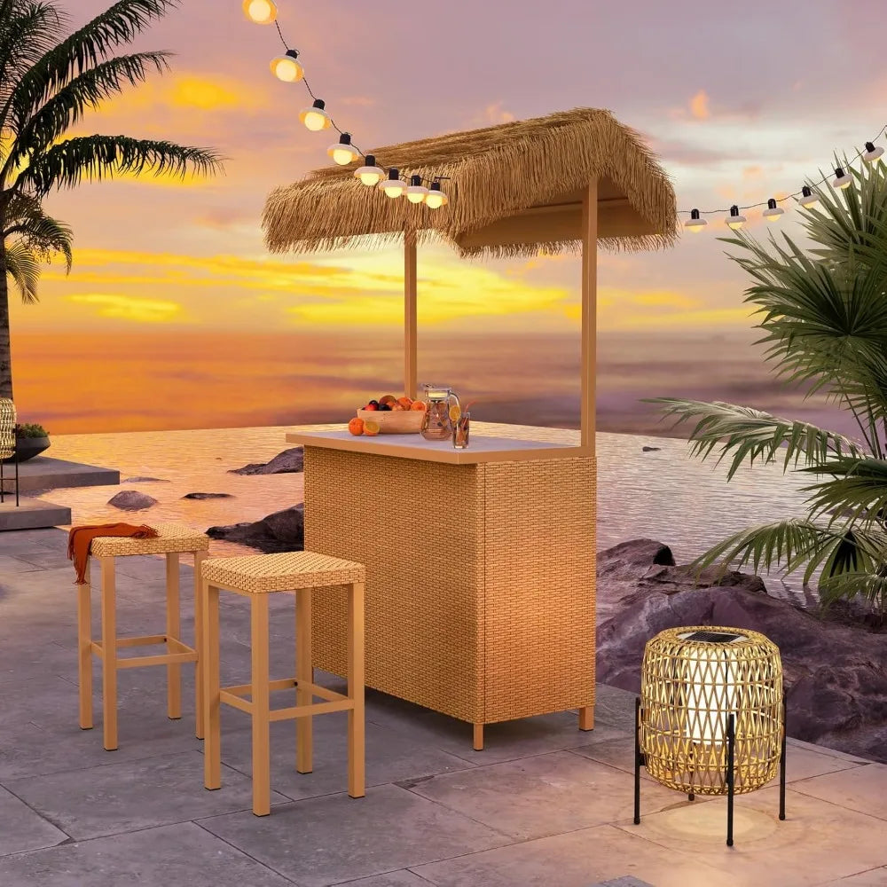 High quality- Outdoor Tiki Bar Set w/ Widen Ceramic Top (42"W),Phuket 3-Piece Wicker Islander Tiki Bar and 2 Stools Storage-NEW