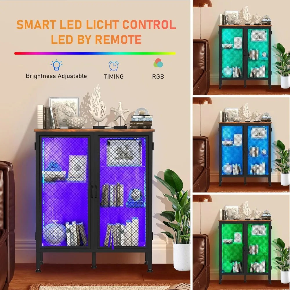 Wine Cabinet Bar Cabinet with Storage for Home -with Glass Shelves with Led Lights and Outlets