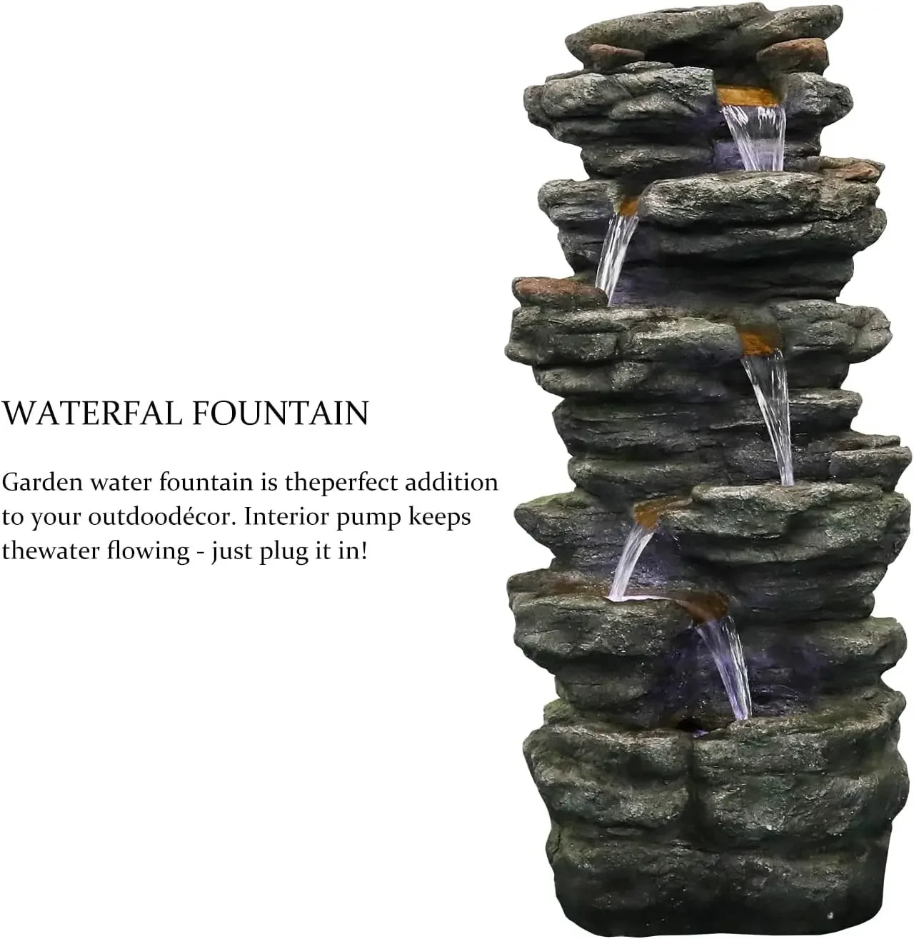 40"High 6Tiers Cascading Rock Outdoor Water Fountain Large Outdoor Fountains and Waterfalls for Garden or Patio