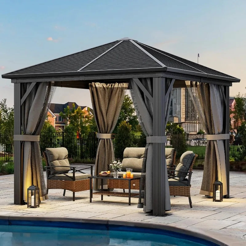 10x10ft Hardtop Gazebo with Nettings and Curtains Heavy Duty Galvanized Steel