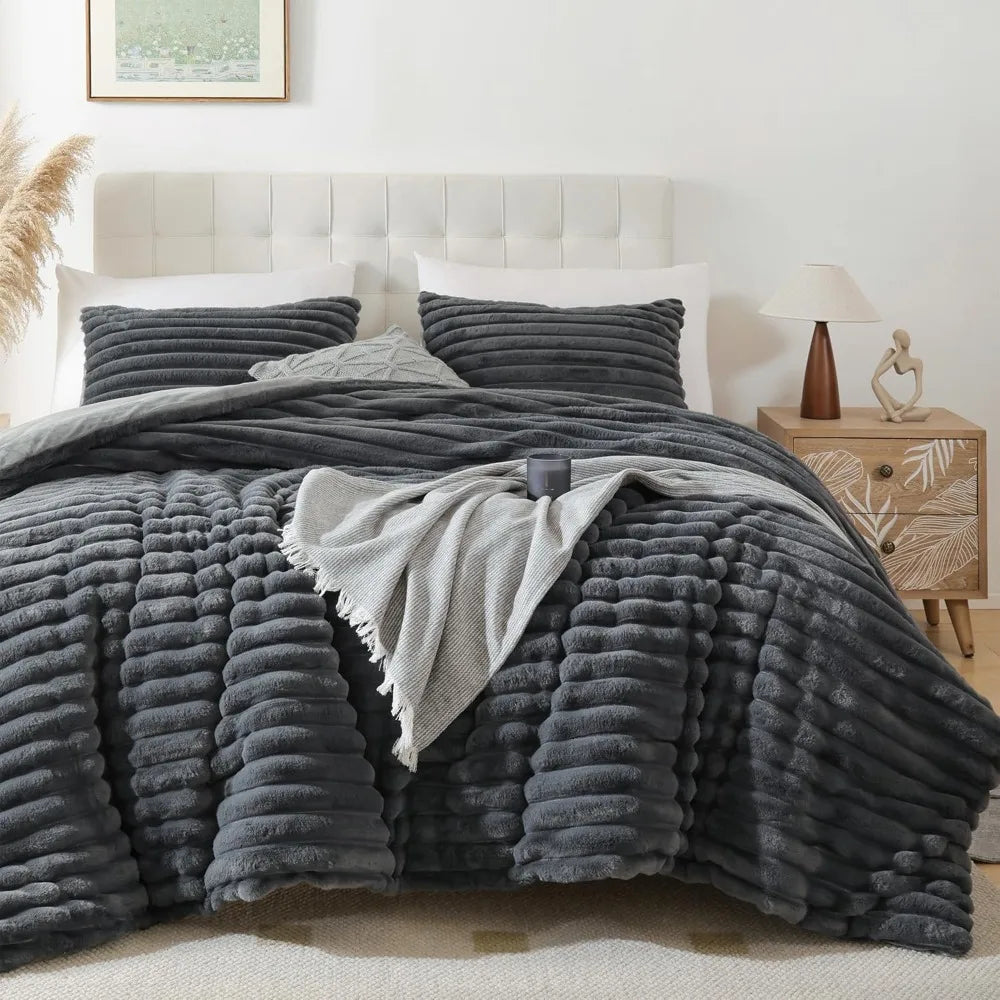 Smoofy Fluffy King Size Comforter Set 3 Pieces - Darkgrey Fleece Fluffy Comforter Set
