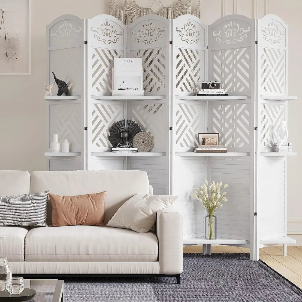 Room Divider with Shelves, 5.75ft Tall Folding Wood Carved Screen