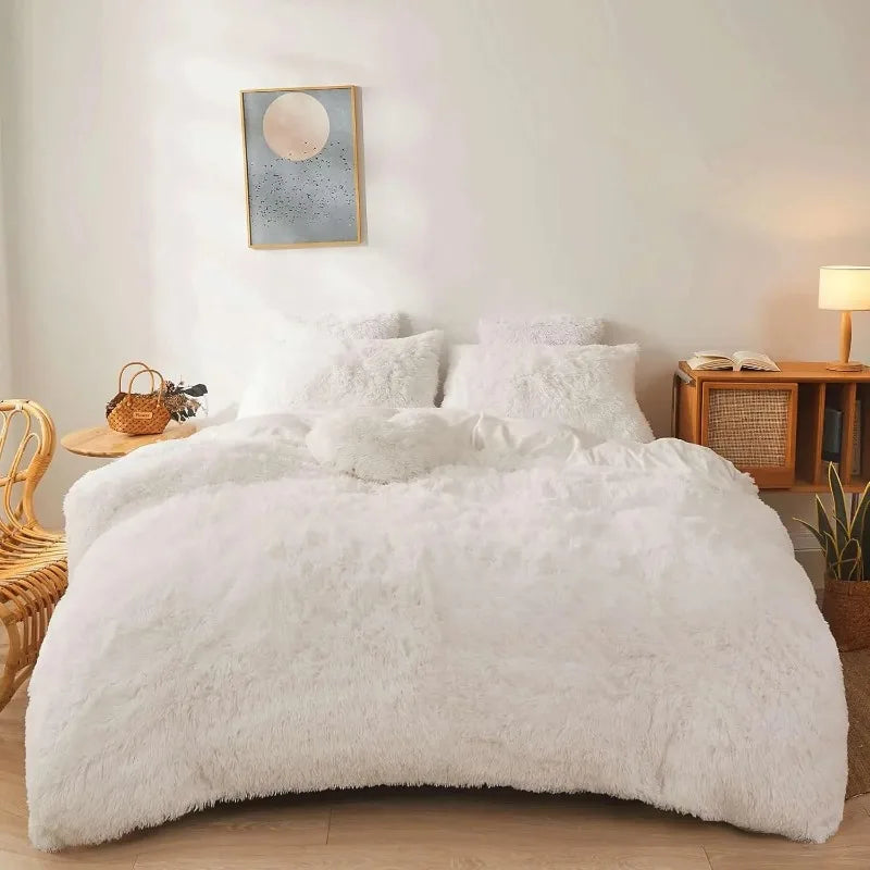 Ultra Soft Black Faux Fur 3 Piece Queen Comforter Set - Plush Fluffy Bedding With Duvet Cover and 2 Pillowcases