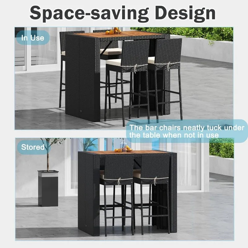 5-Piece Outdoor Bar Set - Wicker Rattan Bar Height Dining Table w/Acacia Wood Top & 4 Bar Stools Chairs w/Seat Cushions,
