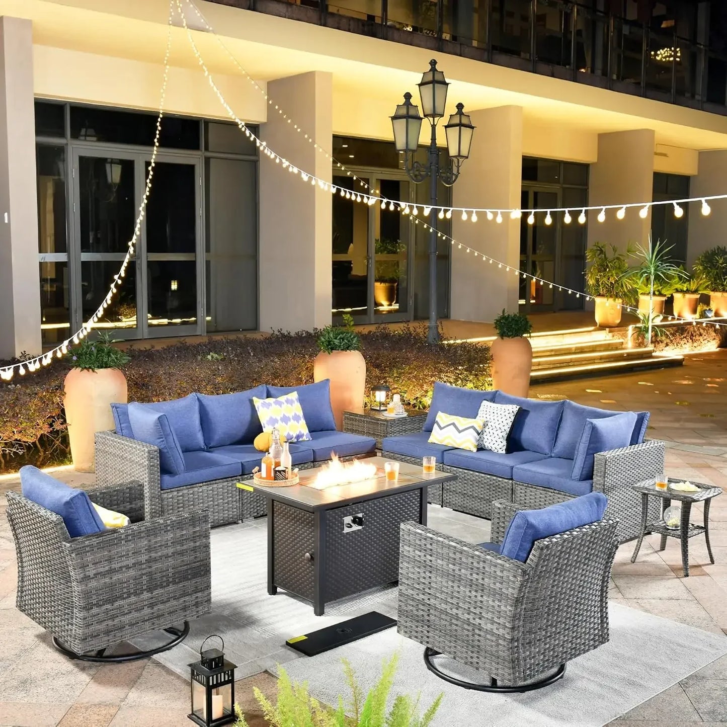 11 Piece Patio Furniture Set with Fire Pit Table, Conversation Sectional Wicker Couch with Swivel Chairs