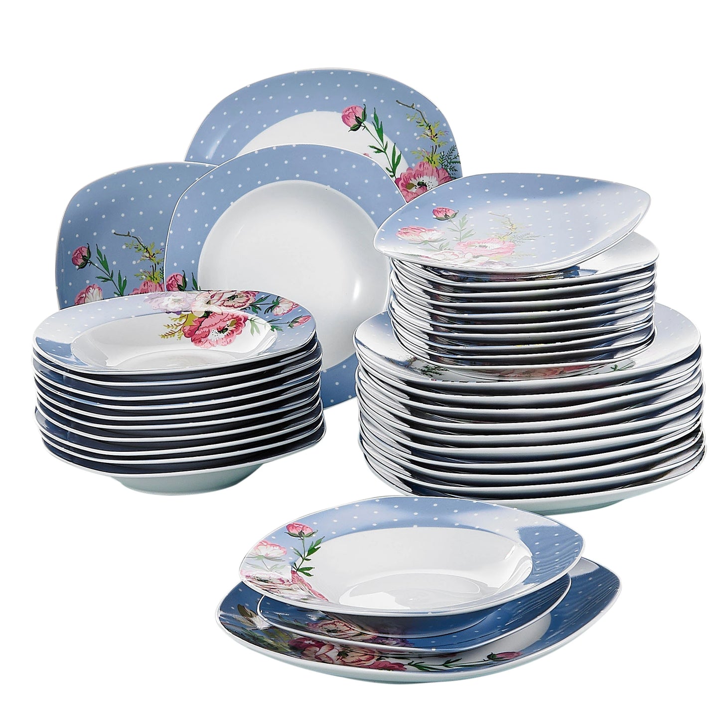 VEWEET Hannah Series 18/36 Piece Porcelain Ceramic Kitchen Tableware Dishes Plate Set with Dinner,Dessert,Soup Plate For 6/12