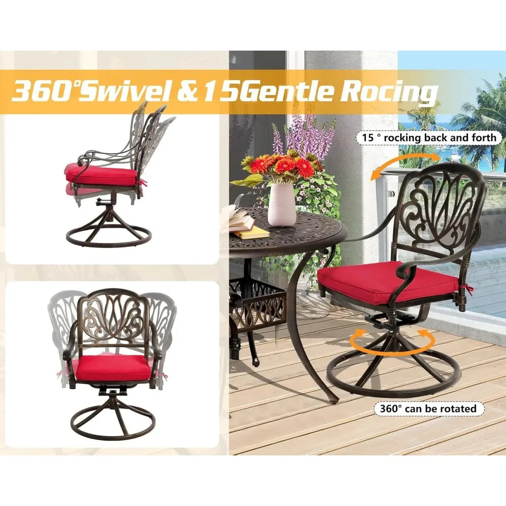All-Weather Cast Aluminum Furniture Patio Conversation Set 4 Swivel Chairs and 35.4" Table w/Cushions