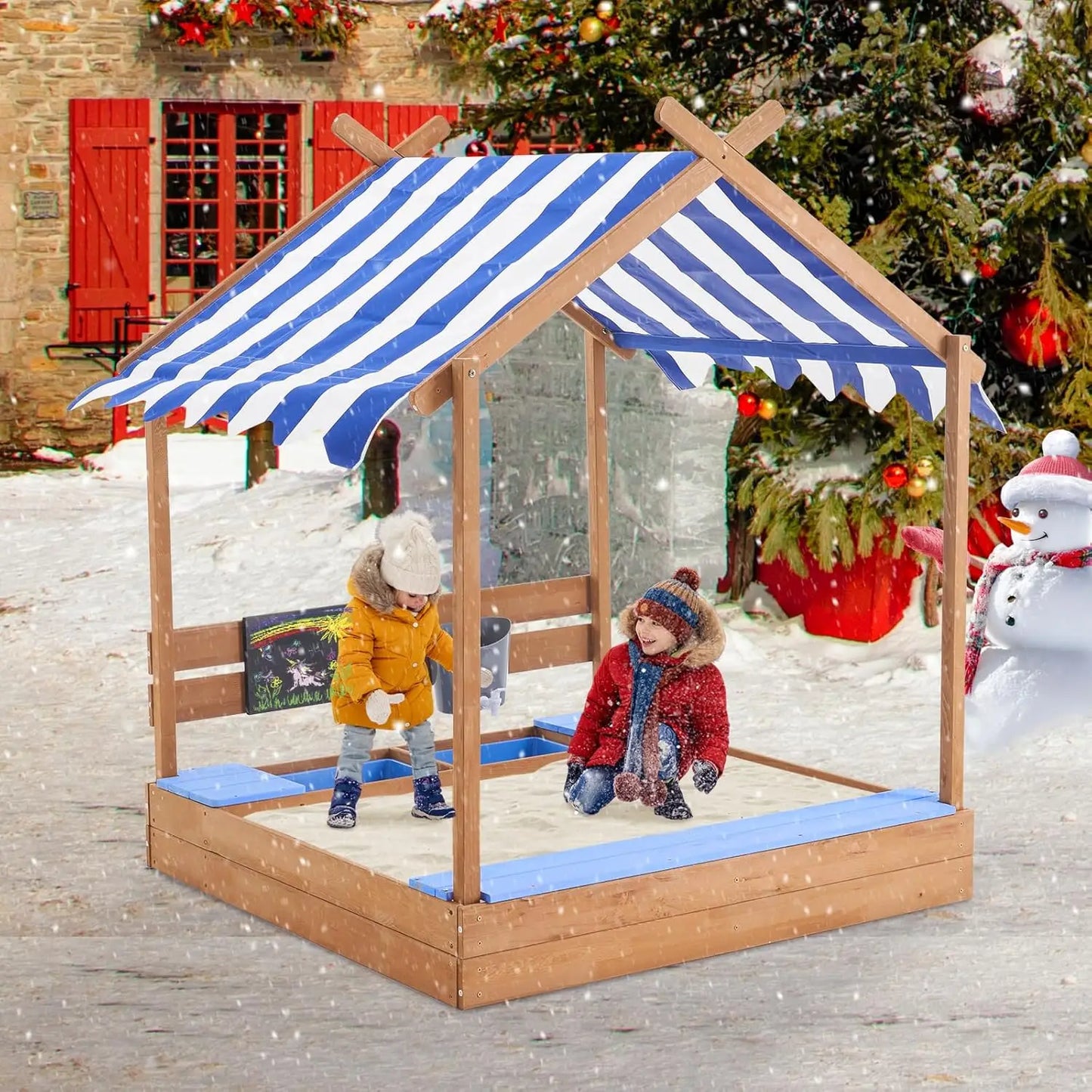 Kids Large Wooden SandBoxes with Roof, Outdoor Sand Box Play w/Canopy