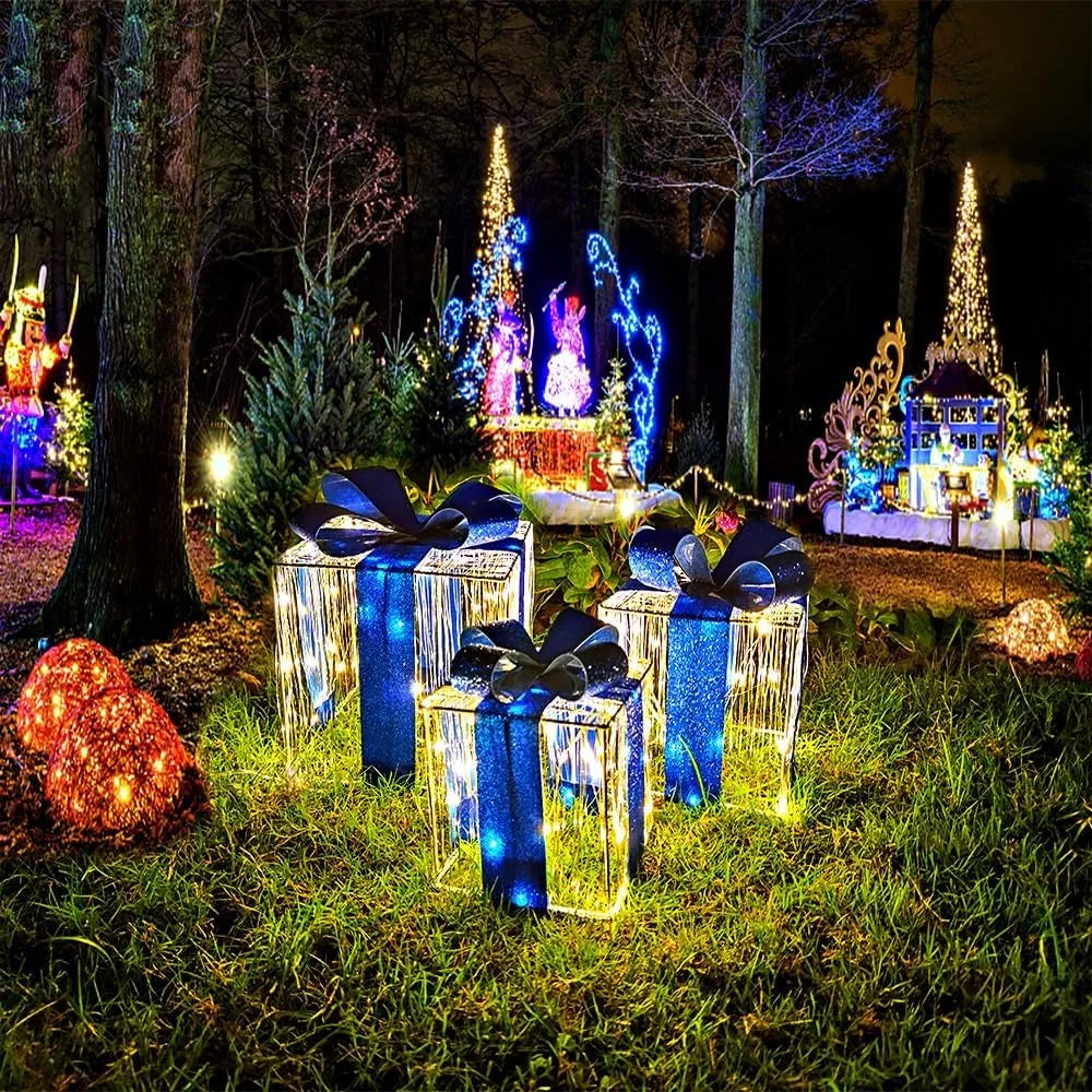 Set of 3 Christmas Lighted Gift Boxes 140 LED Light Up Xmas Present Ornament for Tree Indoor Outdoor Yard