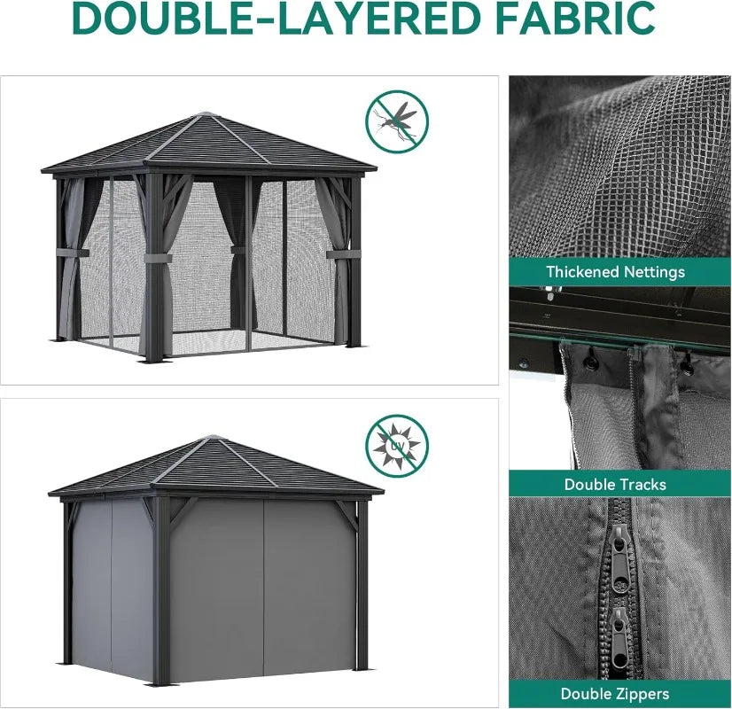10x10ft Hardtop Gazebo with Nettings and Curtains Heavy Duty Galvanized Steel