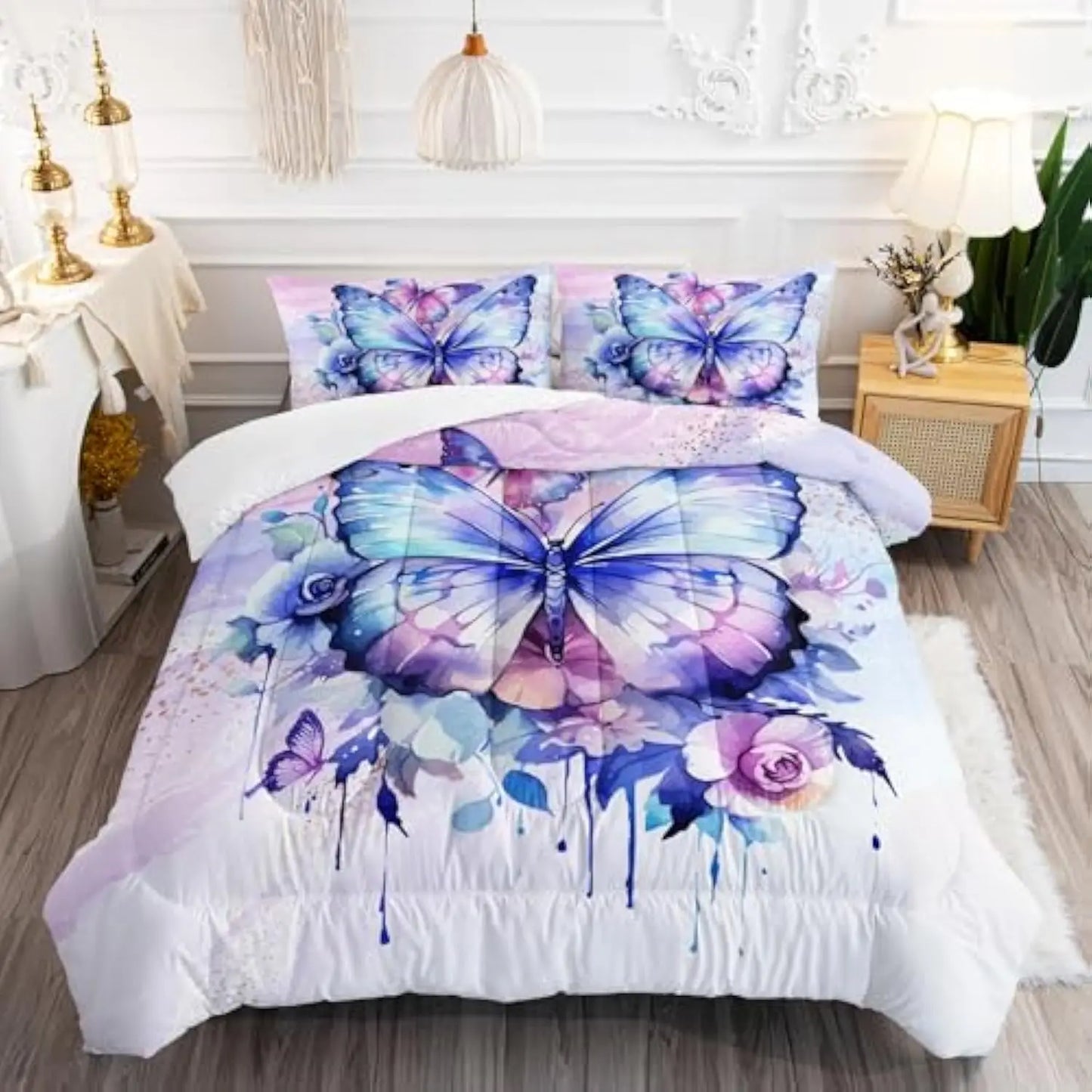 Purple Butterfly Comforter Set Full Size,Watercolor Butterfly Bedding Set