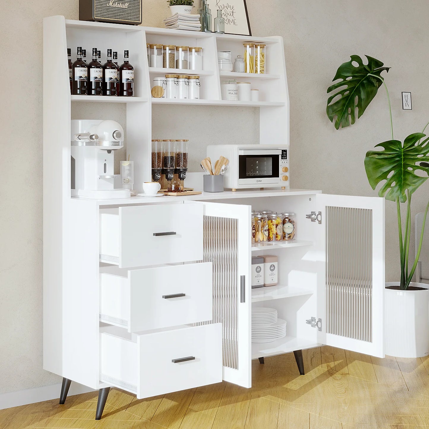 VOWNER Kitchen Hutch Storage Cabinet, Freestanding Kitchen Pantry with Glass Doors and 3 Drawers