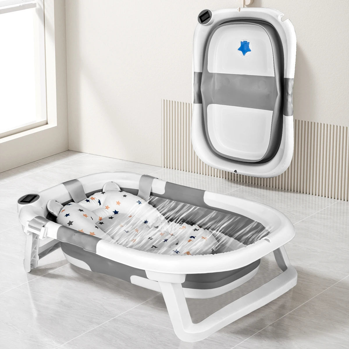 Foldable Baby Bathtub, Baby Bathtub With Soft Cushion And Thermometer
