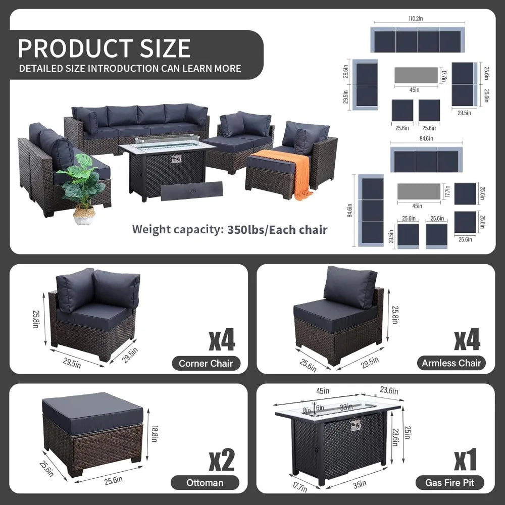 Outdoor Patio Furniture Set 11 Piece Dark Brown Rattan Sectional Sofa PE Wicker Conversation Chairs with 45" Propane Fire