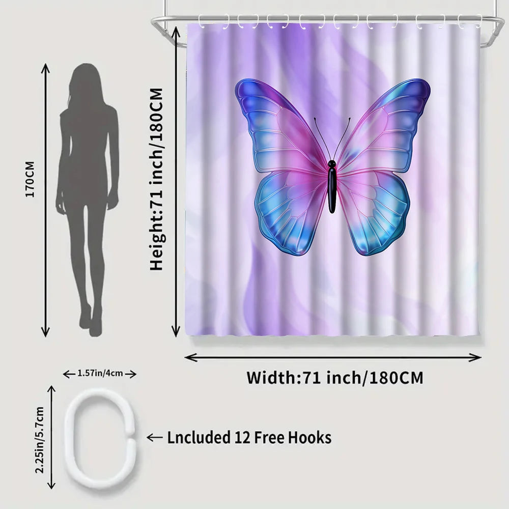 1/4 Pink Butterfly Circle shower Curtains, Toilet Seat Decoration, Shower Curtain with Carpet and Toilet Lid