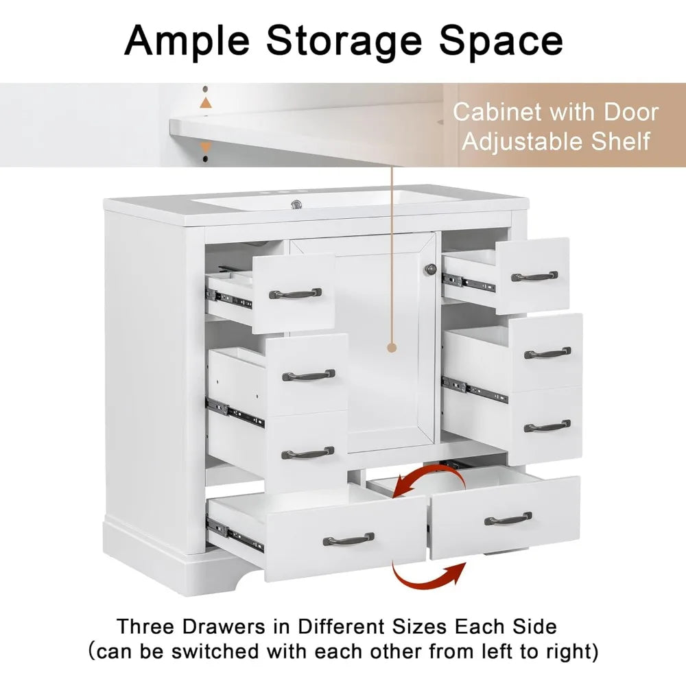 36" Bathroom Vanity with Sink ,6 Drawers & One Cabinet with Adjustable Shelf