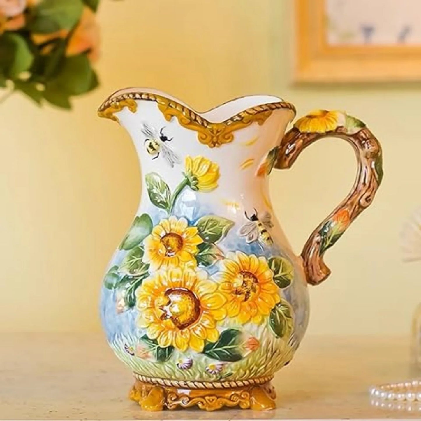 US Large Ceramic Water Pitcher Flower Vase,Home Decor Vessel for Decorative Branches and Dried Flower