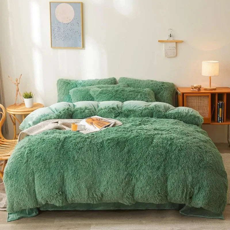 Ultra Soft Black Faux Fur 3 Piece Queen Comforter Set - Plush Fluffy Bedding With Duvet Cover and 2 Pillowcases