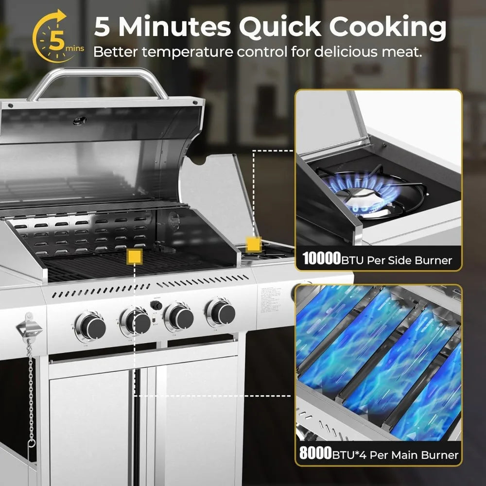 R.W.FLAME 4-Burner Gas Grill with Side Burner, Stainless Steel Propane Grill 42000BTU for Outdoor Cooking
