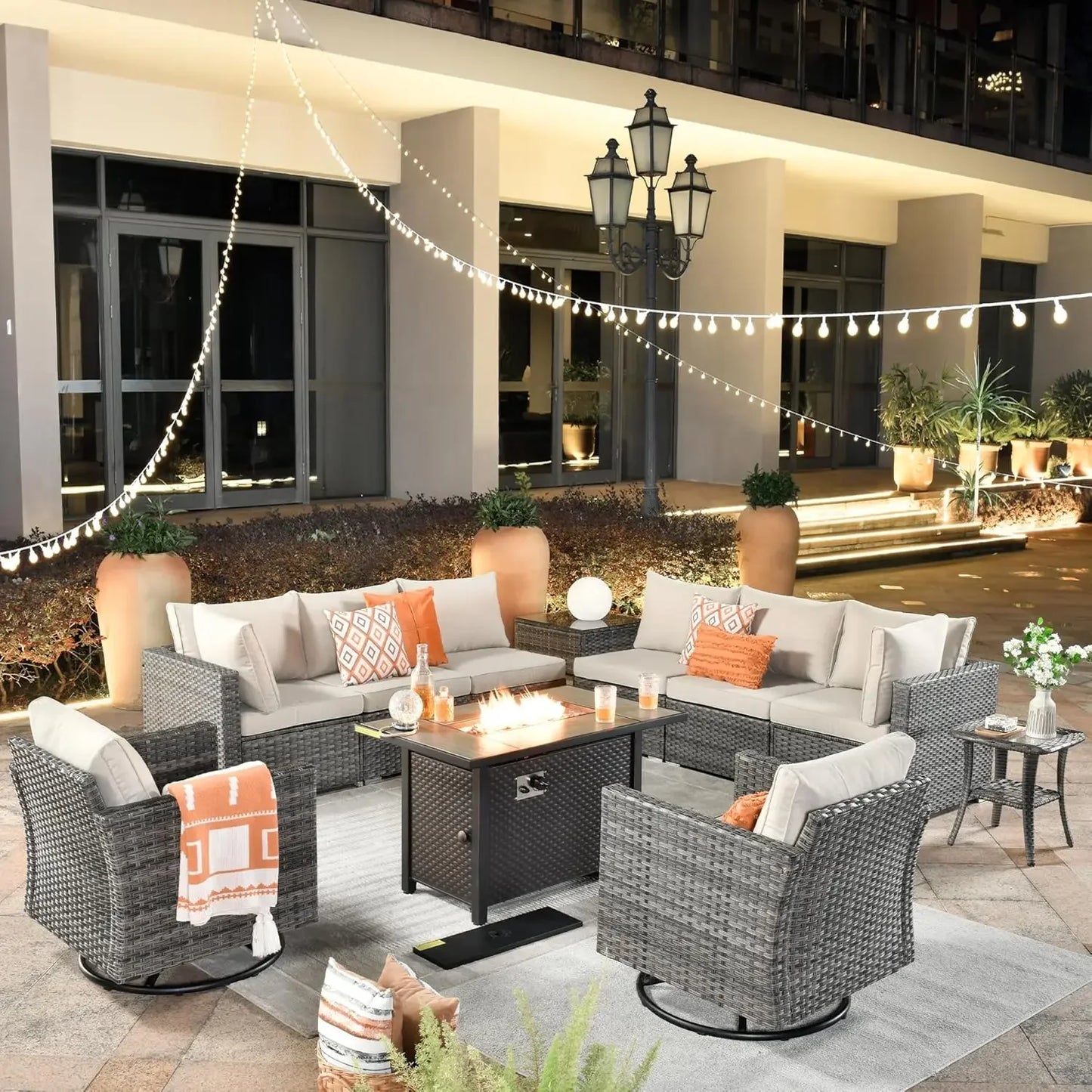 11 Piece Patio Furniture Set with Fire Pit Table, Conversation Sectional Wicker Couch with Swivel Chairs