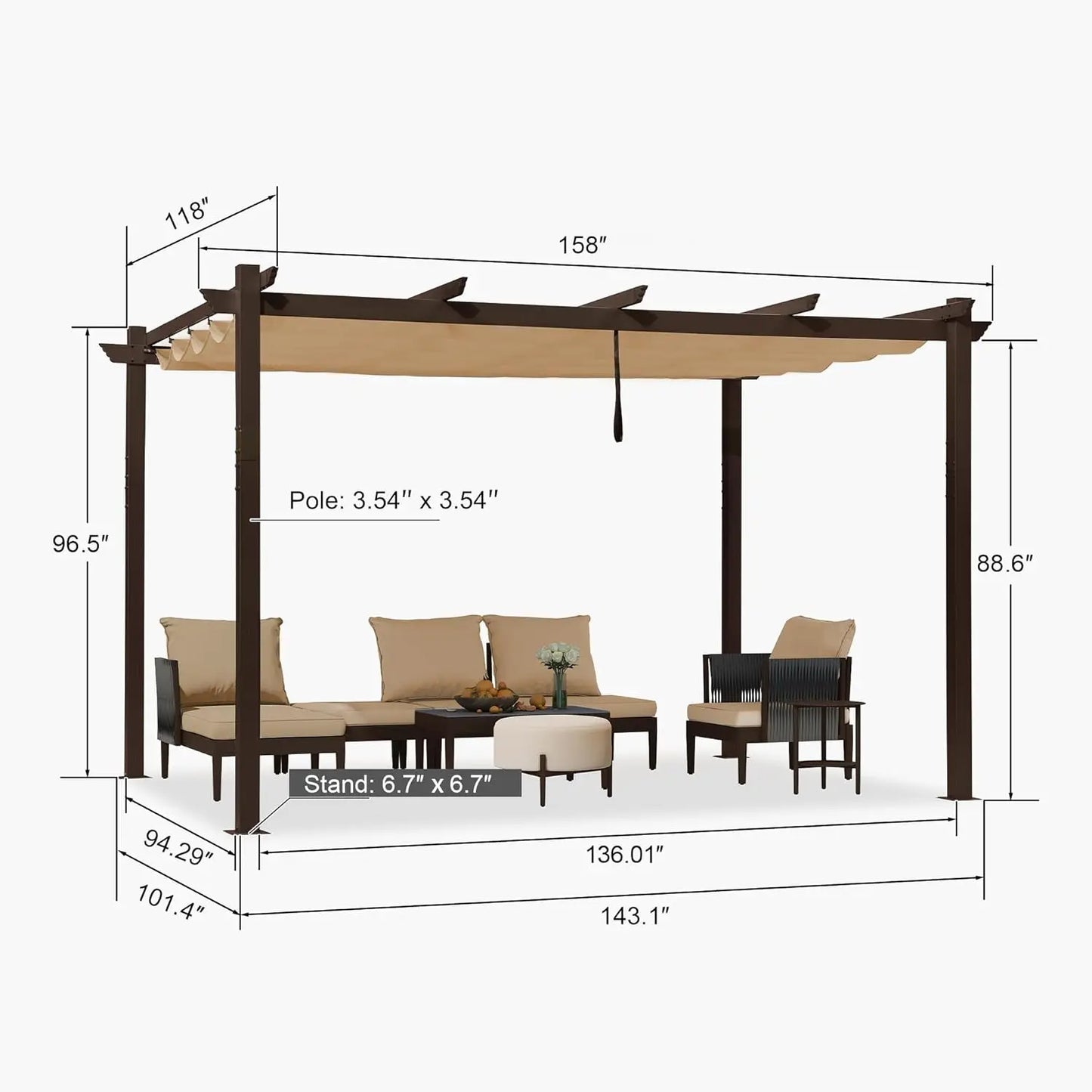 10 x 13 FT Outdoor Retractable Pergola Aluminum with Sun Shade Canopy Patio Heavy-Duty