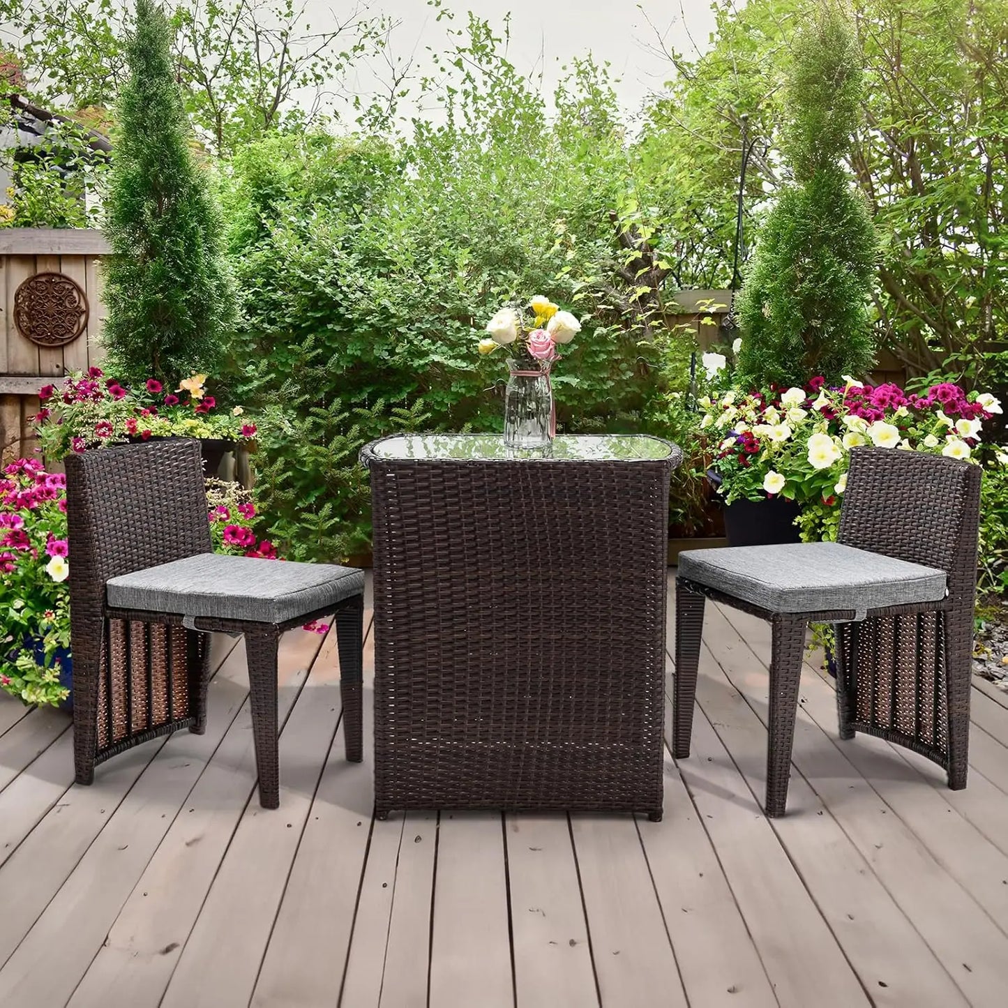 3 PCS Wicker Outdoor Patio Bistro Set, Patio Furniture Set for Small Space with Glass Top Table Dining Chairs