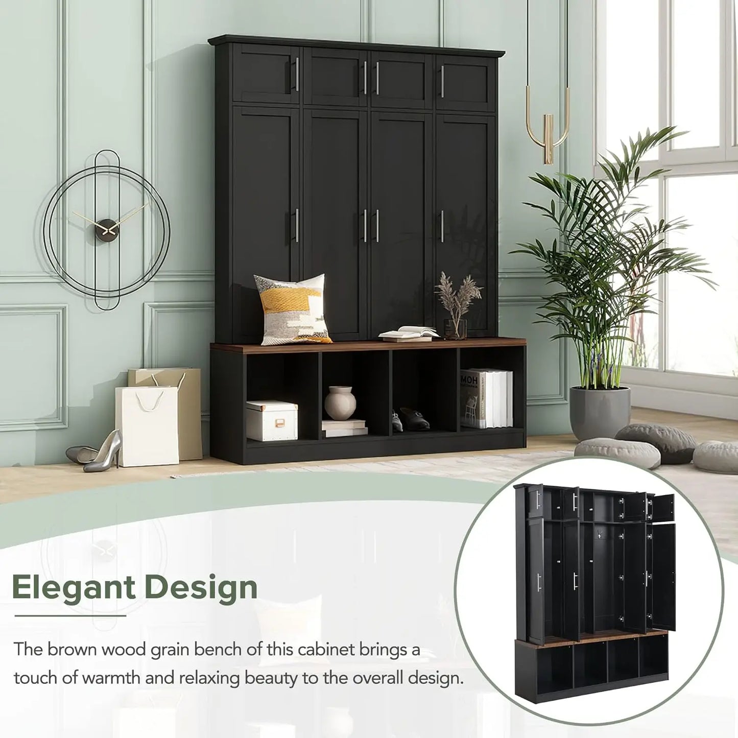 Wide Hall Tree Entryway Coat Rack with 4 Hidden Hooks 4-in-1 Multi-Functional Mudroom Bench Coat Hanger with 4 Large Storage