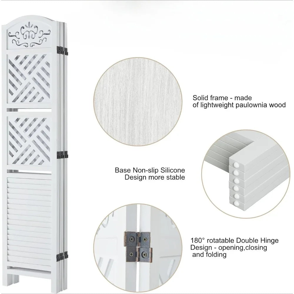 Room Divider with Shelves, 5.75ft Tall Folding Wood Carved Screen