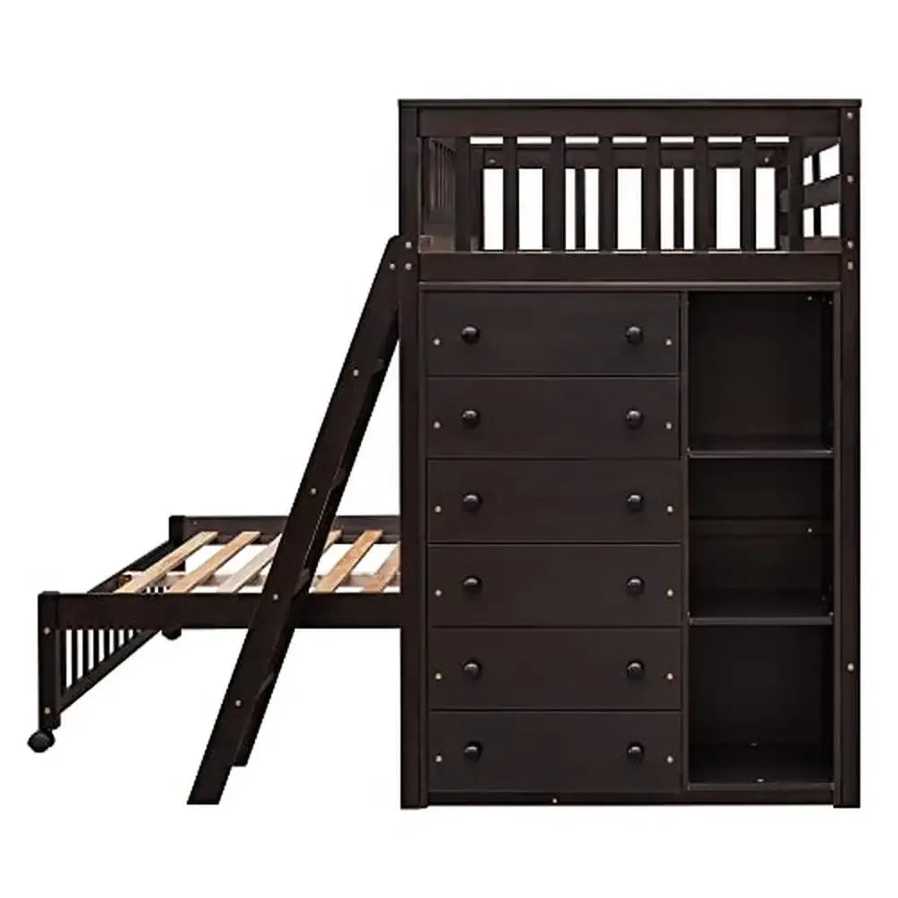 Twin Over Full Bunk Bed with Storage Drawers 3 Shelves Flexible Sturdy Movable Lower No Box Spring Needed Mattress Not Included