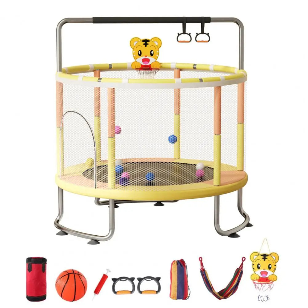5FT Kids Trampoline, Adjustable Baby Toddler Trampoline with Basketball Hoop, Swing, Sandbag