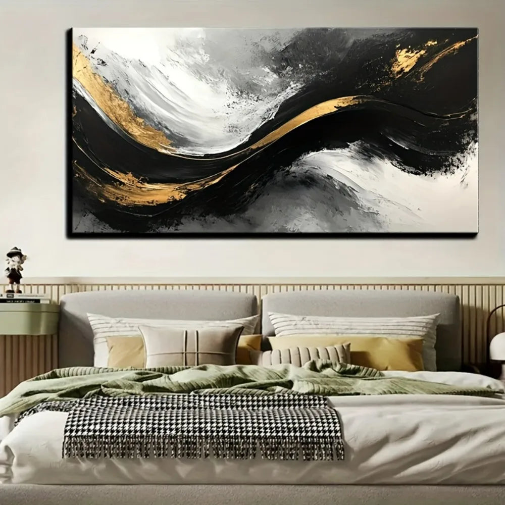 Modern abstract gold wall art - black gold canvas in living room