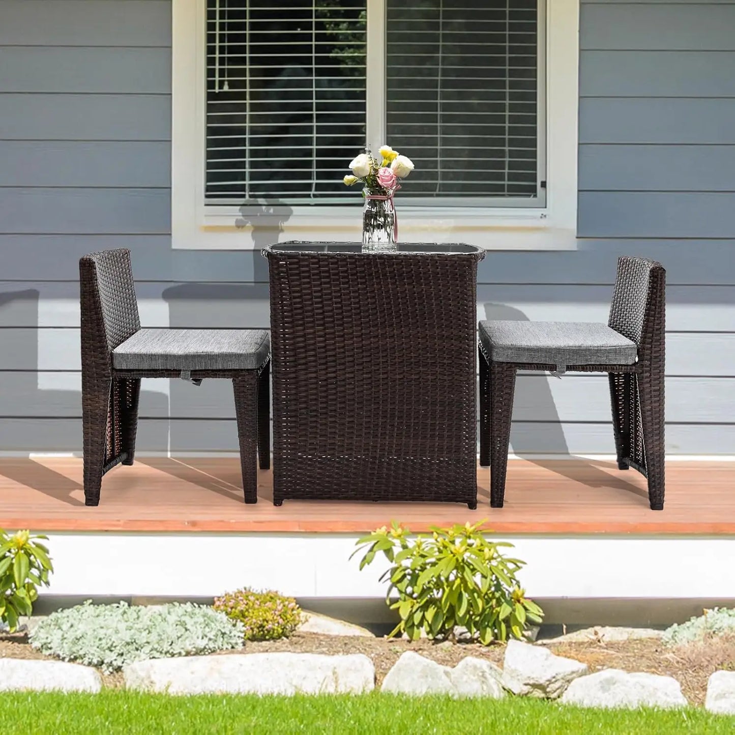 3 PCS Wicker Outdoor Patio Bistro Set, Patio Furniture Set for Small Space with Glass Top Table Dining Chairs