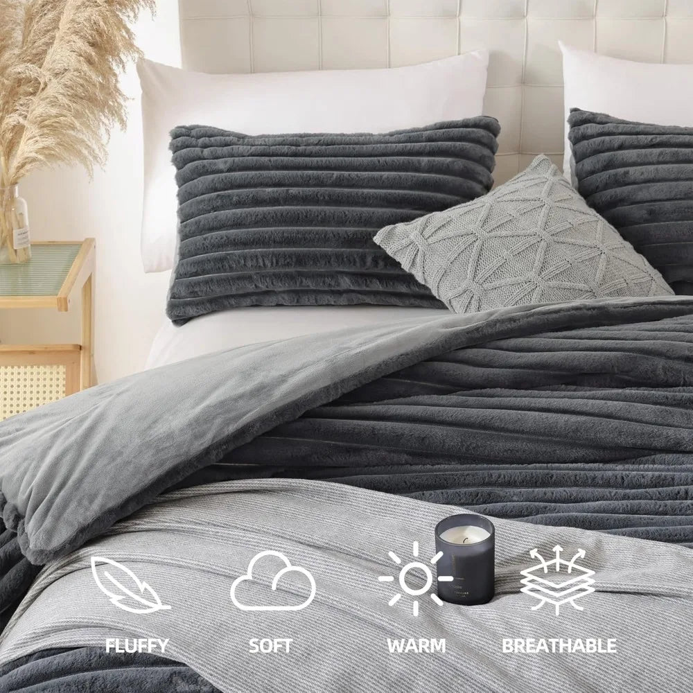 Smoofy Fluffy King Size Comforter Set 3 Pieces - Darkgrey Fleece Fluffy Comforter Set