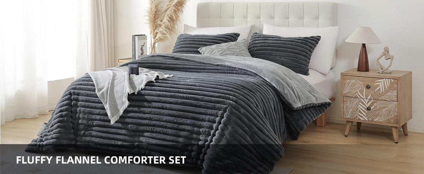 Smoofy Fluffy King Size Comforter Set 3 Pieces - Darkgrey Fleece Fluffy Comforter Set