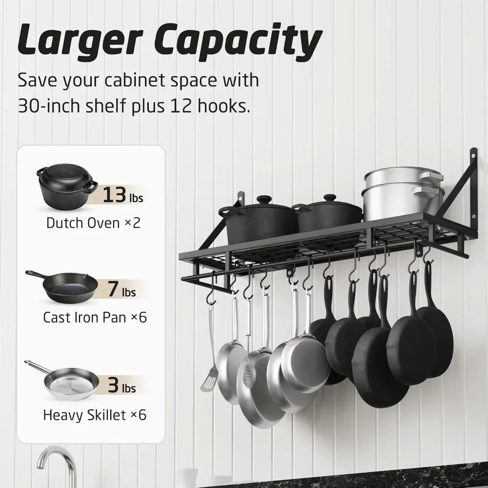 30-Inch Kitchen Pan Pot Rack Wall Mounted Hanging Storage Organizer Wall Shelf