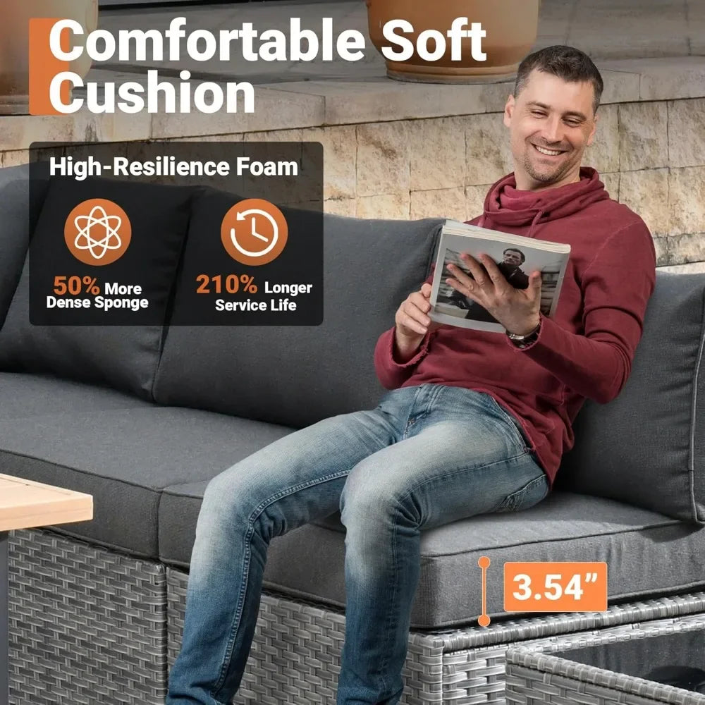 11 Piece Patio Furniture Set with Fire Pit Table, Conversation Sectional Wicker Couch with Swivel Chairs