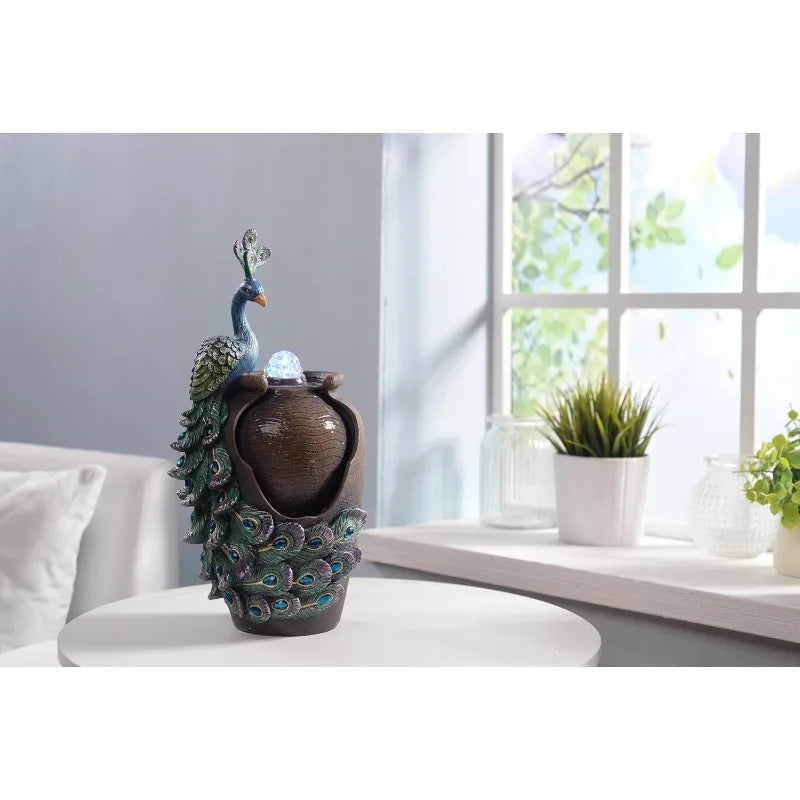 Tabletop Fountain Retro Jar Peacock with Glass Rotating Ball Desk Fountain