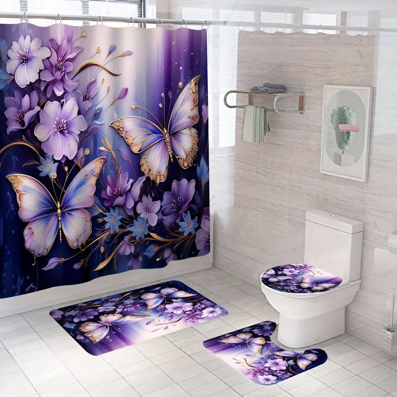 1/4pcs Purple Butterfly Floral Shower Curtain Set