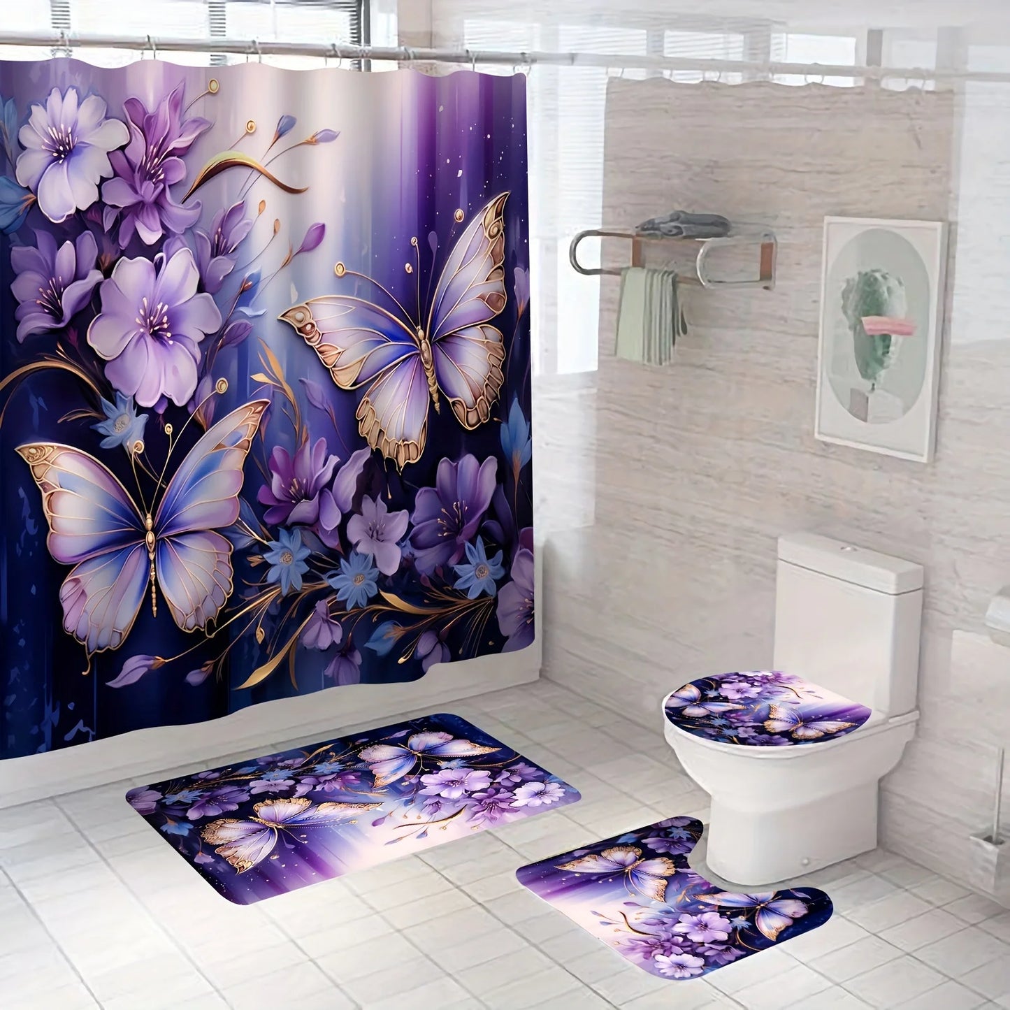 1/4pcs Purple Butterfly Floral Shower Curtain Set