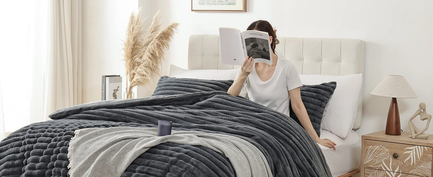 Smoofy Fluffy King Size Comforter Set 3 Pieces - Darkgrey Fleece Fluffy Comforter Set