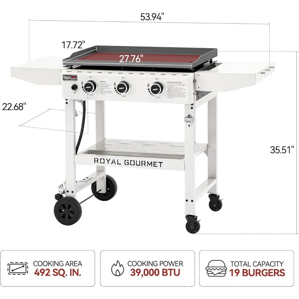 3-Burner Propane Gas Griddle with Foldable Side Tables, 28-Inch Flat Top Grill with 492 Sq. In.