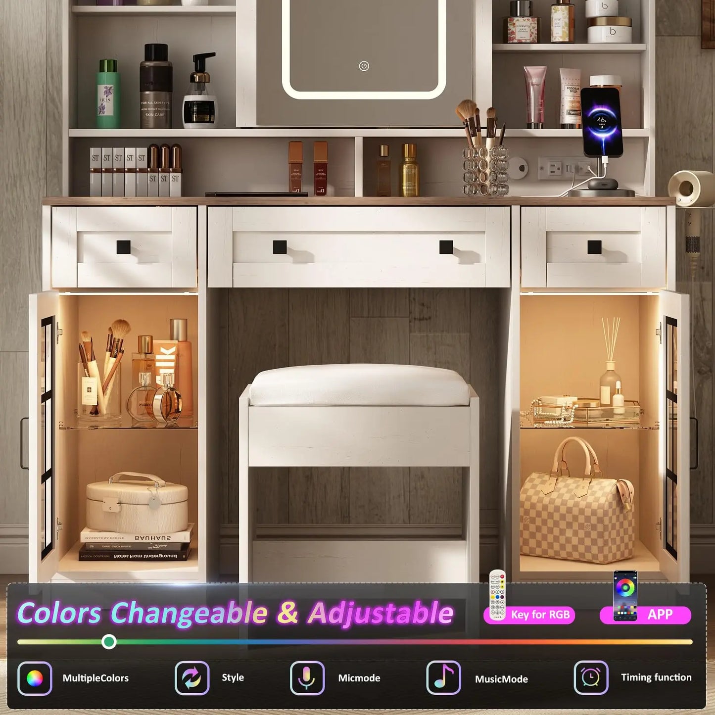 Vabches Vanity Makup Desk with Sliding Mirror&Lights Farmhouse Large Vanity Set for Bedroom Dressing Table with Charging Station