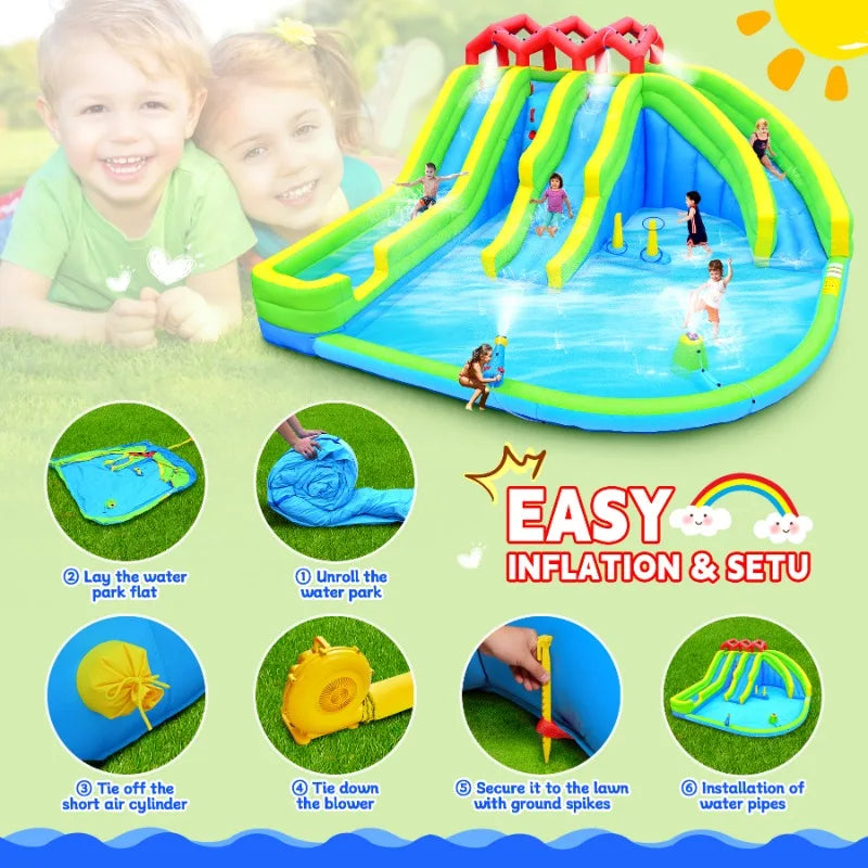 7 in1 Inflatable Water Park Three Slide with Blower Water Gun Sprinkler Fountain Climbing Wall for Children